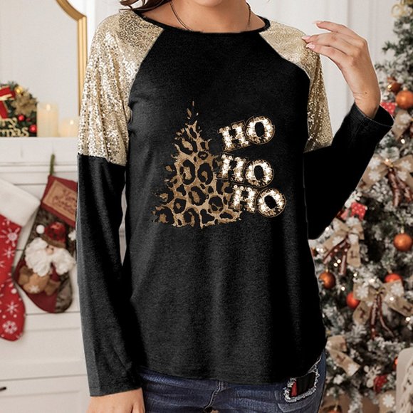 Tops - Sequin embellished Animal Leopard Print Ho Ho Ho Tree Christmas Shirt